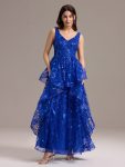 Double V-Neck A-Line Layered Sequin Formal Dress – Sapphire Blue