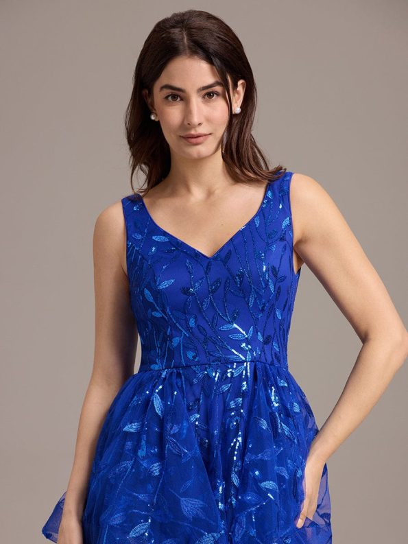Double V-Neck A-Line Layered Sequin Formal Dress - Sapphire Blue