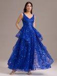 Double V-Neck A-Line Layered Sequin Formal Dress - Sapphire Blue