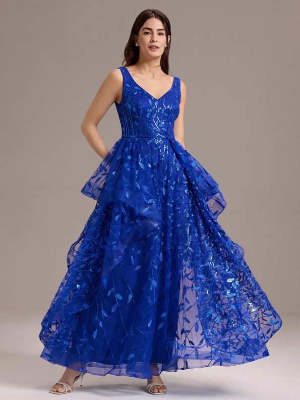 Double V-Neck A-Line Layered Sequin Formal Dress - Sapphire Blue