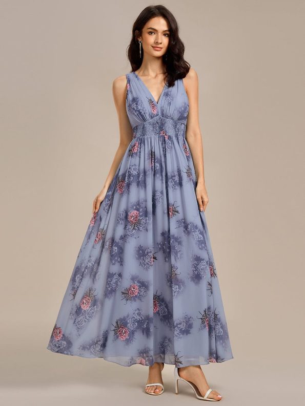 Double V Neck Empire Waist Floral Sleeveless Maxi Formal Dress - Dusty Peony