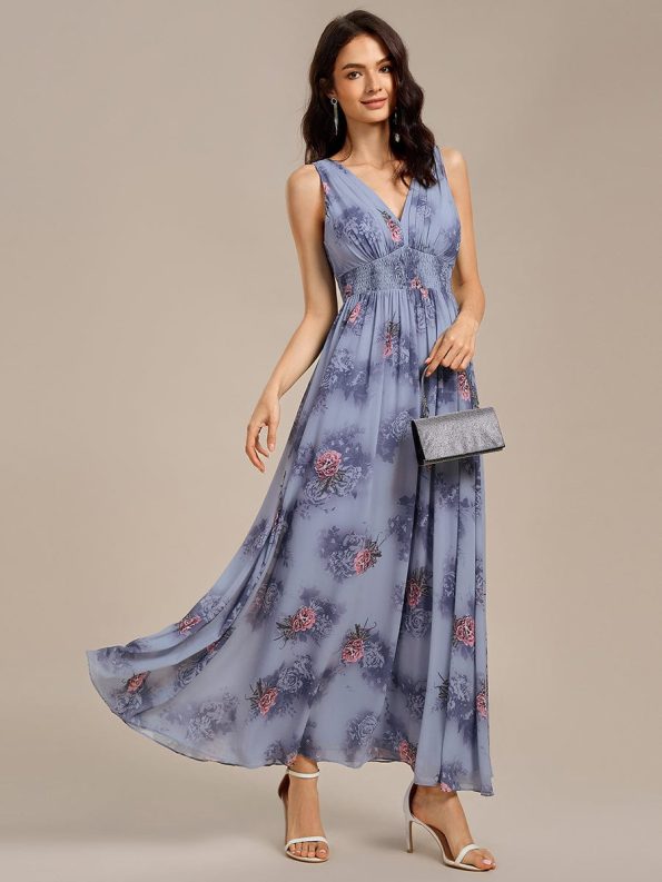 Double V Neck Empire Waist Floral Sleeveless Maxi Formal Dress - Dusty Peony