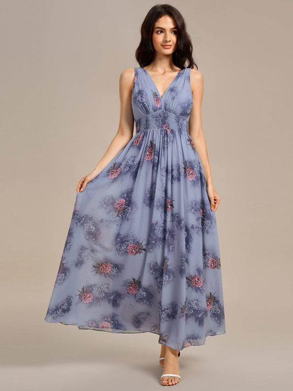 Double V Neck Empire Waist Floral Sleeveless Maxi Formal Dress - Dusty Peony