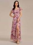 Floral Print Flutter Sleeve Side Split Maxi Formal Dress - Light Purple Print