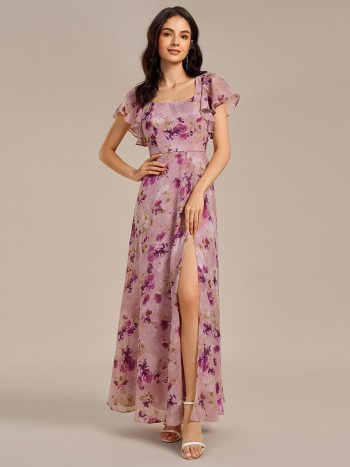 Floral Print Flutter Sleeve Side Split Maxi Formal Dress - Light Purple Print