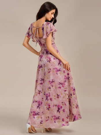 Floral Print Flutter Sleeve Side Split Maxi Formal Dress - Light Purple Print