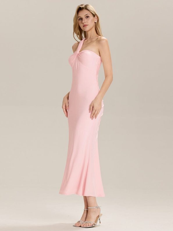 Backless Knit Sleeveless Formal Evening Dress - Pink