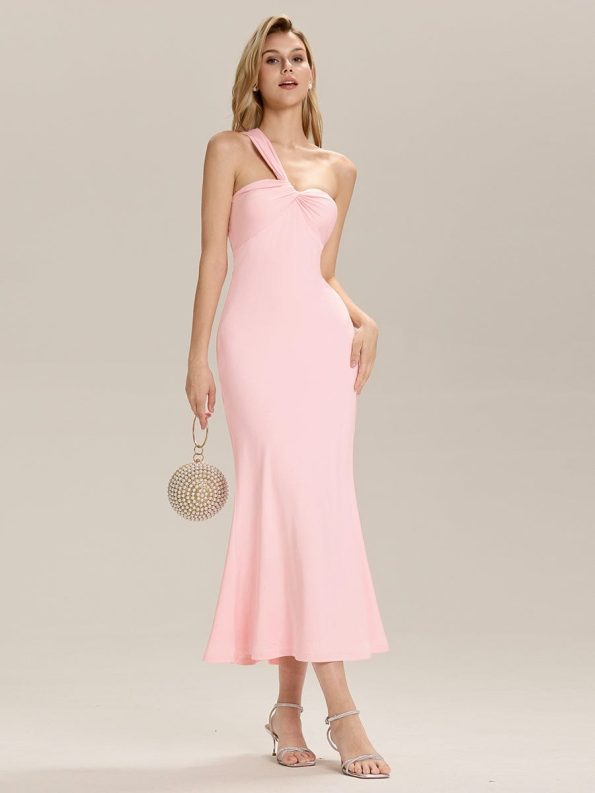 Backless Knit Sleeveless Formal Evening Dress - Pink