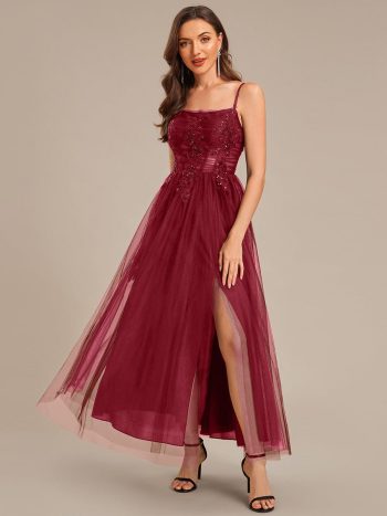 MarisolApplique Mesh Sleeveless Evening Dress - Burgundy