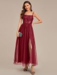 MarisolApplique Mesh Sleeveless Evening Dress – Burgundy