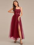 MarisolApplique Mesh Sleeveless Evening Dress – Burgundy
