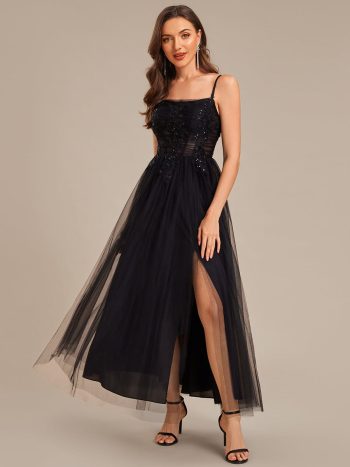 MarisolApplique Mesh Sleeveless Evening Dress - Black