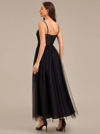 MarisolApplique Mesh Sleeveless Evening Dress - Black