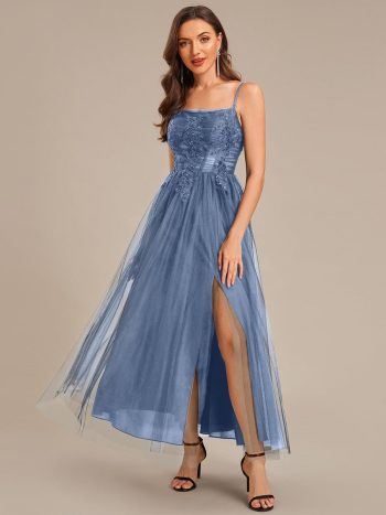 MarisolApplique Mesh Sleeveless Evening Dress - Dusty Blue