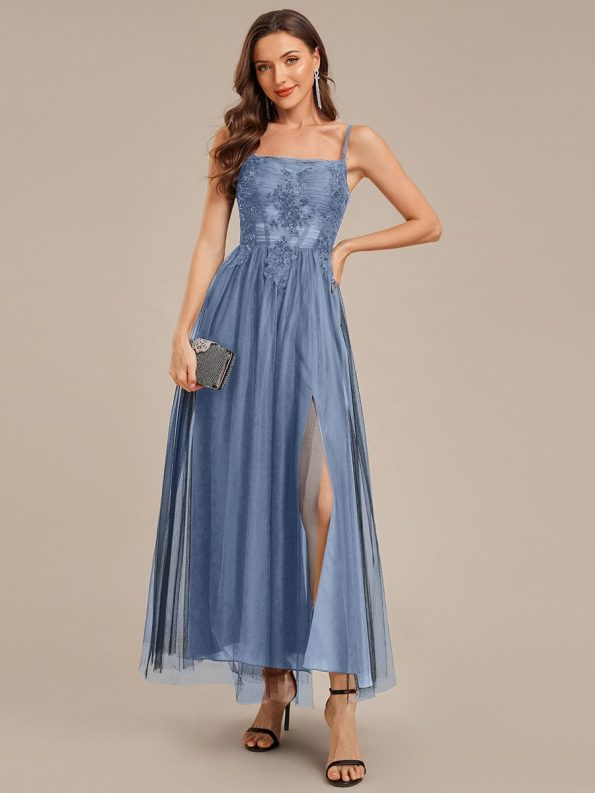 MarisolApplique Mesh Sleeveless Evening Dress - Dusty Blue