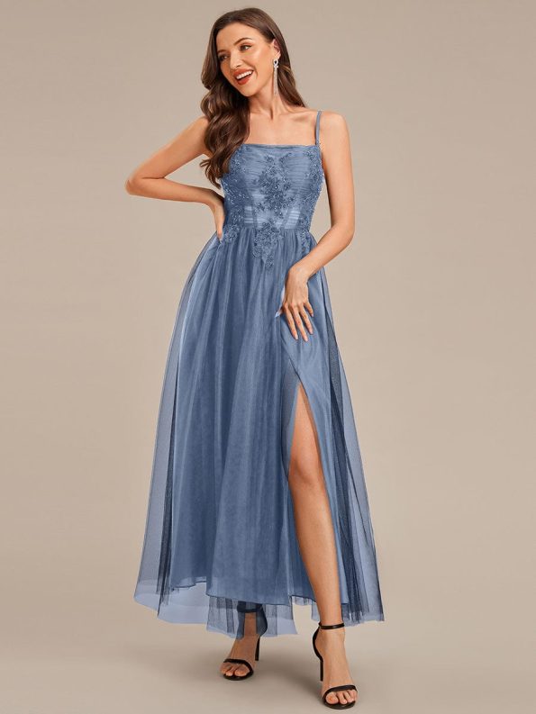 MarisolApplique Mesh Sleeveless Evening Dress - Dusty Blue