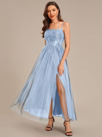 MarisolApplique Mesh Sleeveless Evening Dress - Ice Blue