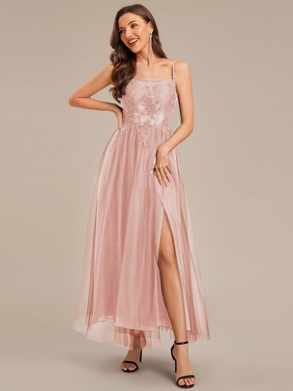 MarisolApplique Mesh Sleeveless Evening Dress - Pink