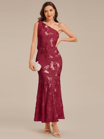 Flowing Ribbon Mesh Mermaid Formal Dress - Burgundy