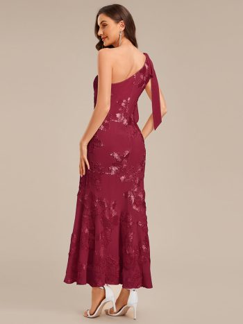 Flowing Ribbon Mesh Mermaid Formal Dress - Burgundy