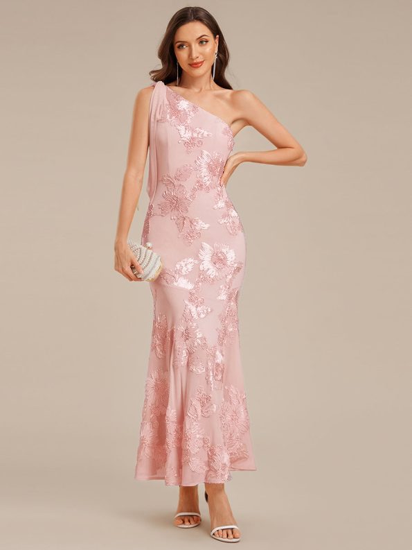 Flowing Ribbon Mesh Mermaid Formal Dress - Pink