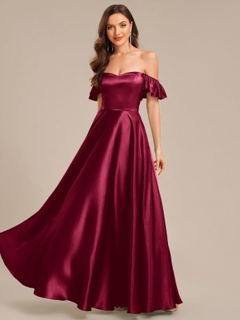 Back Tie Satin Ruffle Sleeve Formal Dress - Burgundy