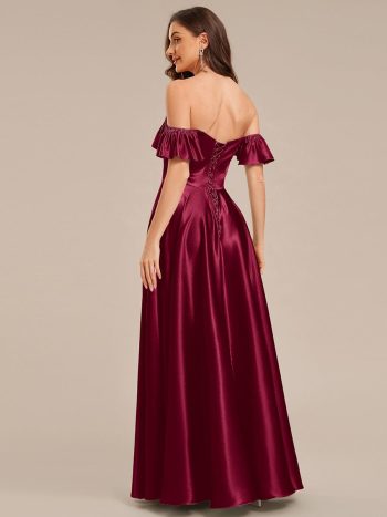 Back Tie Satin Ruffle Sleeve Formal Dress - Burgundy