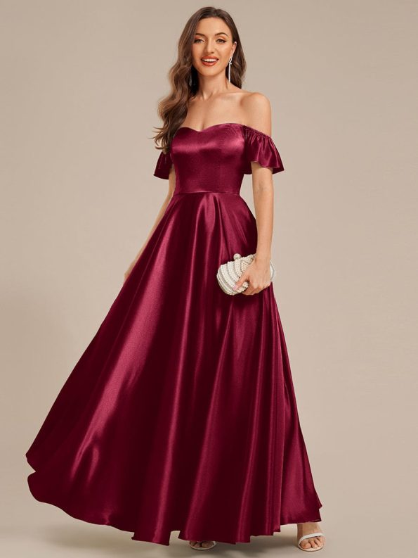 Back Tie Satin Ruffle Sleeve Formal Dress - Burgundy