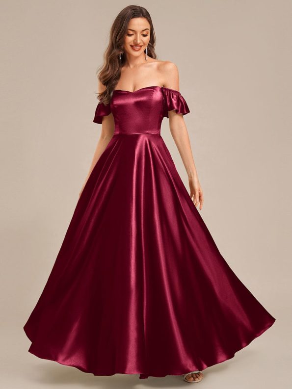 Back Tie Satin Ruffle Sleeve Formal Dress - Burgundy