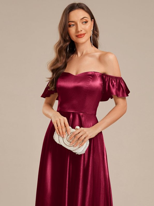 Back Tie Satin Ruffle Sleeve Formal Dress - Burgundy