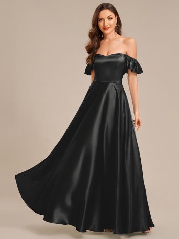 Back Tie Satin Ruffle Sleeve Formal Dress - Black