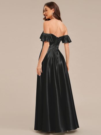 Back Tie Satin Ruffle Sleeve Formal Dress - Black