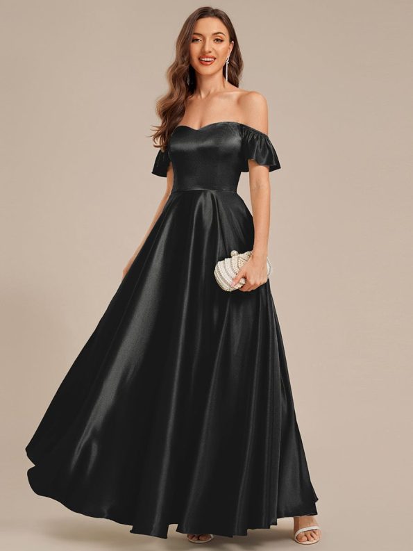 Back Tie Satin Ruffle Sleeve Formal Dress - Black