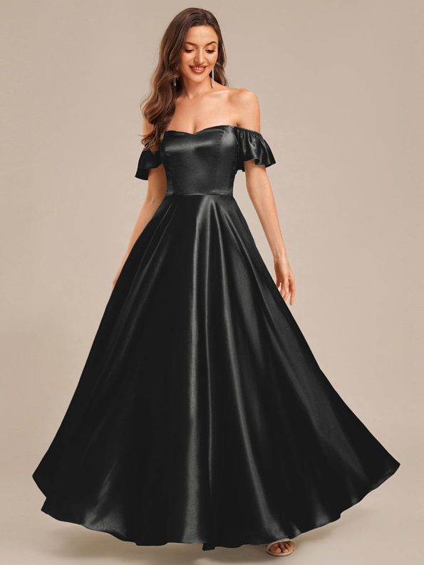 Back Tie Satin Ruffle Sleeve Formal Dress - Black