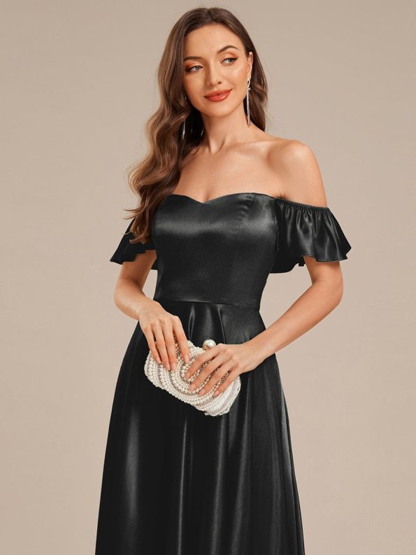 Back Tie Satin Ruffle Sleeve Formal Dress - Black