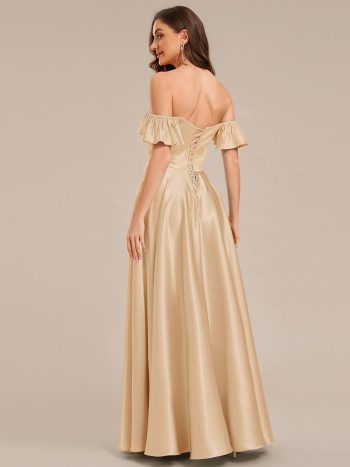 Back Tie Satin Ruffle Sleeve Formal Dress - Champagne