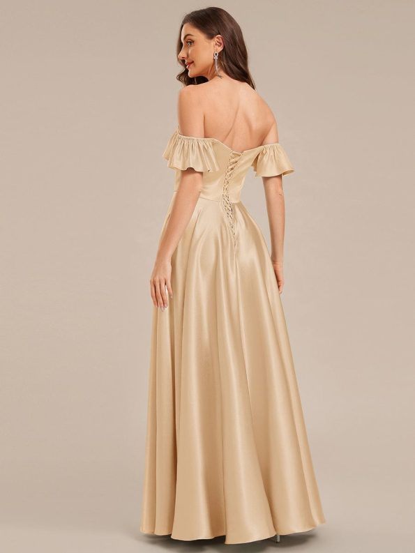 Back Tie Satin Ruffle Sleeve Formal Dress - Champagne