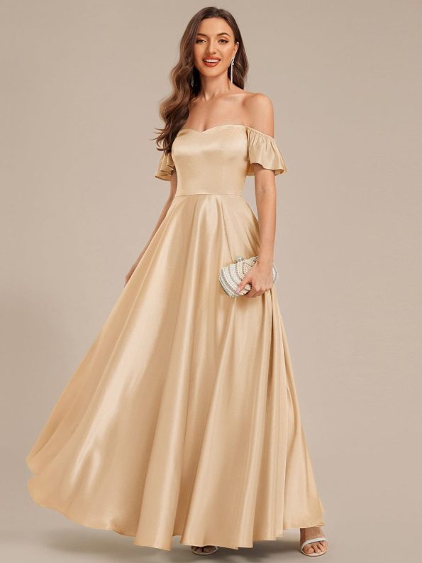 Back Tie Satin Ruffle Sleeve Formal Dress - Champagne