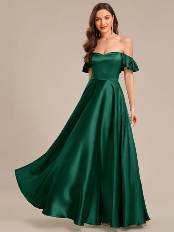 Back Tie Satin Ruffle Sleeve Formal Dress - Dark Green