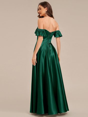 Back Tie Satin Ruffle Sleeve Formal Dress - Dark Green