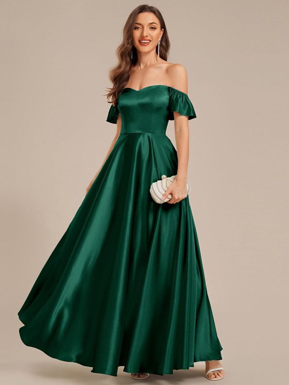Back Tie Satin Ruffle Sleeve Formal Dress - Dark Green