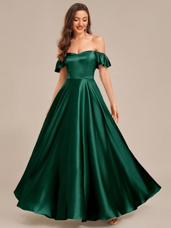 Back Tie Satin Ruffle Sleeve Formal Dress - Dark Green