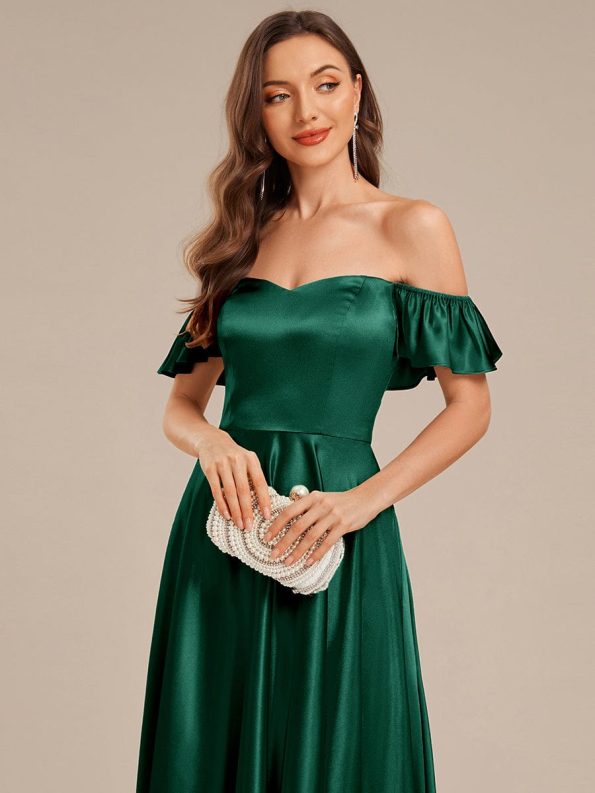 Back Tie Satin Ruffle Sleeve Formal Dress - Dark Green