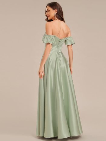 Back Tie Satin Ruffle Sleeve Formal Dress - Mint Green