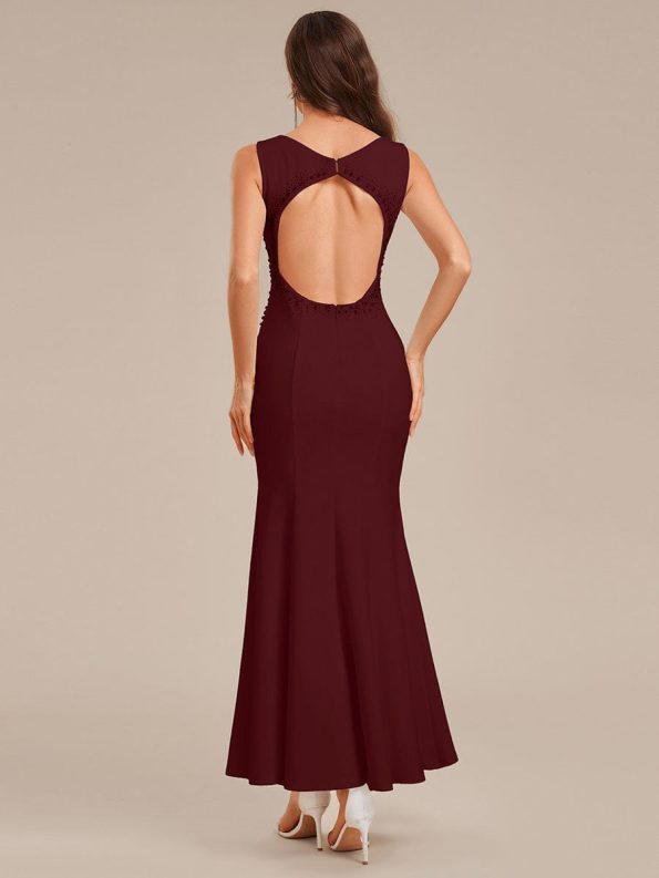 Cut-Out Knit Mermaid Formal Dress - Burgundy