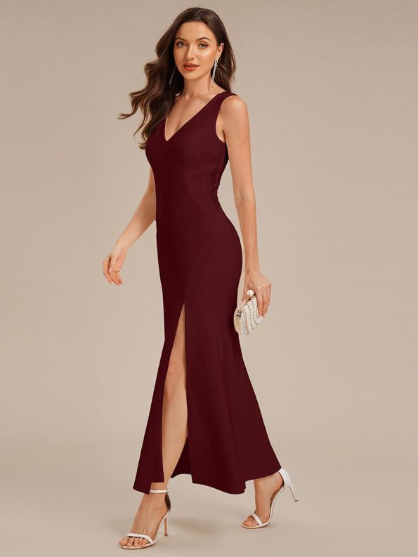 Cut-Out Knit Mermaid Formal Dress - Burgundy