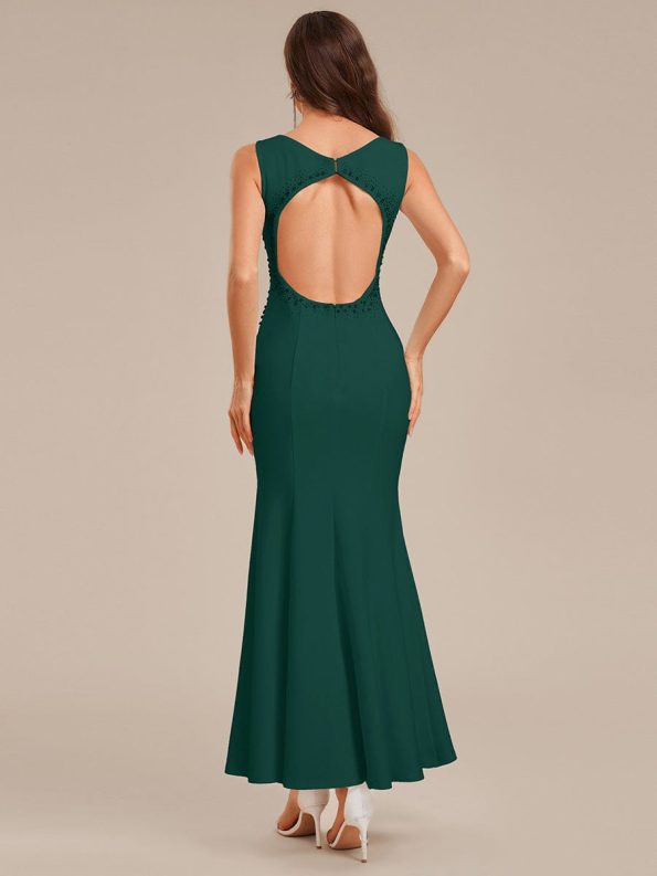Cut-Out Knit Mermaid Formal Dress - Dark Green