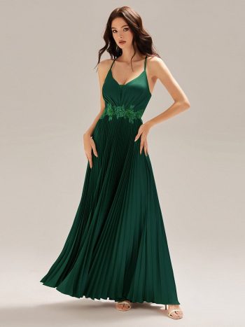 Appliqued Satin Pleated Sleeveless Dress - Dark Green
