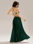 Appliqued Satin Pleated Sleeveless Dress – Dark Green