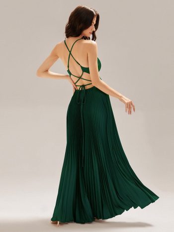 Appliqued Satin Pleated Sleeveless Dress - Dark Green